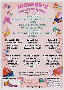 Book Drive for Jazmine's Pages of Hope from Aug 18 - Sept 29