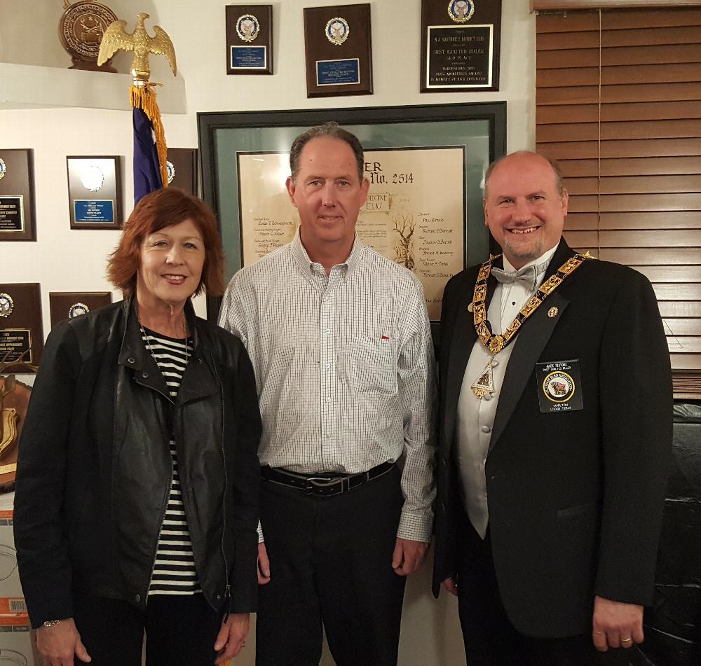 Welcome to our new members initiated on March 10, 2017. (L-R) Mary Ann, James, Past Exalted Ruler Jack.