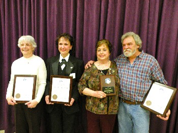 2010-11 Citizen of the Year Carol Jarvais; Officer of the Year Cathy Voisine; Special Recognition Award recipient Linda Laney; and Elk of the Year Steve Laney.