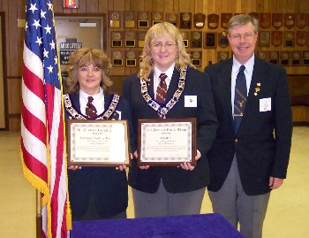 Leading Knight Julie A. Washburn (left) and Chaplain Susan F. Horsman were honored in October 2006 for their best ritual performance in the Central District by District Deputy Wayne D. Cotterly.