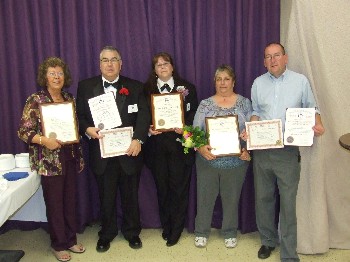 The Skowhegan-Madison Elks Lodge held its annual installation of officers and awards banquet on April 3. Pictured (left to right) are Roberta “Bobbi” Alley, Elk of the Year; Ronald Voisine, Grand Exalted Ruler’s Citation; Shelley Bolduc, Officer of the Year; Ann Spaulding, Citizen of the Year; and Darrell Gallant, Grand Exalted Ruler’s Citation.