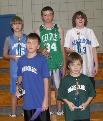 The 2008 Skowhegan-Madison Elks Hoop Shoot was held at Madison Area Memorial High School on Jan. 13. Top shooters were (front row) Chase Malloy, 2nd place (10-11); Benjamin Willis, winner (8-9); (back row) Dustin West, winner (10-11); Seth Sweet, 2nd place (12-13); and Austin Kane, winner (12-13).