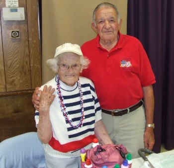 Mary Foss of Madison, a regular bingo player at the Skowhegan-Madison Lodge celebrated her 105th birthday on July 9, 2009. Pictured with Mrs. Foss is lodge Bingo Chairman Alfred Carpenter.