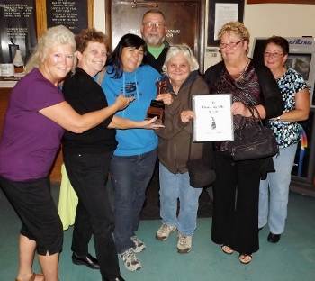 The Waterville Elks recaptured “Romeo,” the Central District Roaming Elk from the Skowhegan-Madison Lodge on Sept. 22, the night of the first Drag Queen Contest fund-raiser for the Veterans’ Service Committee. Pictured (left to right) are Sandi Anderson, Barbara Currie, Gail Pollard, Past Exalted Ruler Dave Anderson, Rose Marquis, Sue Works and Sue Fecteau. Where will Romeo wind up next? You never can tell! 