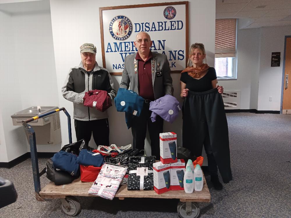 East District Veterans Committee Chair Jack Stein and Past State Vice President Joe D'Angelo of Islip Lodge, supporting of Veterans with a donation of clothing, electric razors and HBA supplies at the Northport V.A. Hospital 