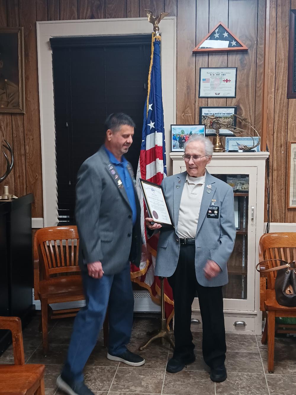 Long time Islip Elks member, Loyal Knight Dennis Casey receives Officer of the Year award from Exalted Ruler James Hernandez.