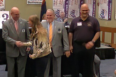 Grand Exalter Ruler Bruce Hildley, ER Judi with plaque for top membership percentage growth in the district, AEA President Mike Weishan and Giorgio Phillips, East District Membership Chair