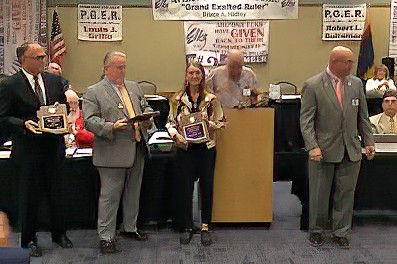 Grand Lodge Co-Sponsor: PGER Robert Duitsman, AEA President: Mike Weishan, ER Judi with ENF top District per capita giving plaque and Grand Exalter Ruler Bruce Hidley